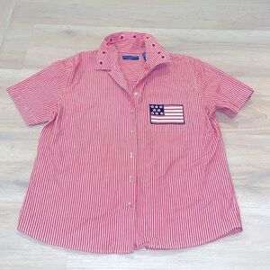 VINTAGE Karen Scott Red STRIPE Short Sleeve STARS Button Down FLAG embroidered